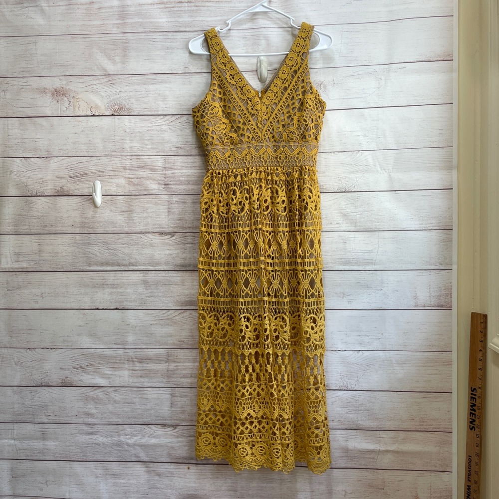 ALTAR'D STATE CROCHET MAXI DRESS IN MUSTARD YELLOW